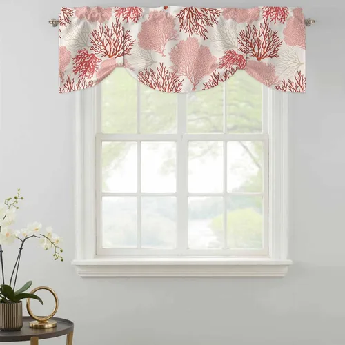 Vista 3 de Cenefa de amarre para ventanas, cortinas náuticas costeras de coral oceánico, cenefas con bolsillo para barra, tratamientos para ventanas