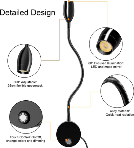 Vista 6 de ERAY Luz LED de lectura montada en la pared, luces de lectura de cabecera para cama con control táctil, 3 regulables, 360°, cuello de cisne flexible
