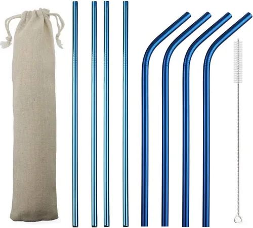 Vista 15 de JASHII Pajitas de metal portátiles reutilizables, de acero inoxidable, ecológicas, con bolsa de tela de viaje (2 dobladas, 2 rectas, 1 cepillo)