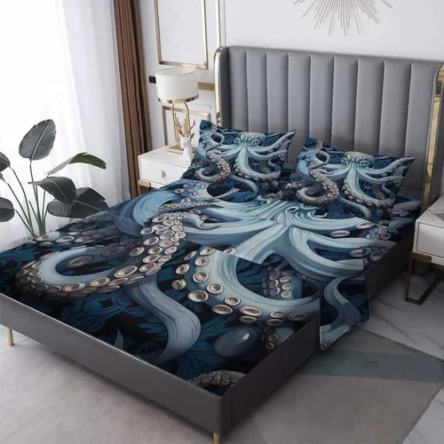 Vista 8 de Juego de sábanas de pulpo tamaño individual, sábanas de microfibra suave y bolsillo profundo, sábanas y fundas de almohada estampadas sin arrugas, 3