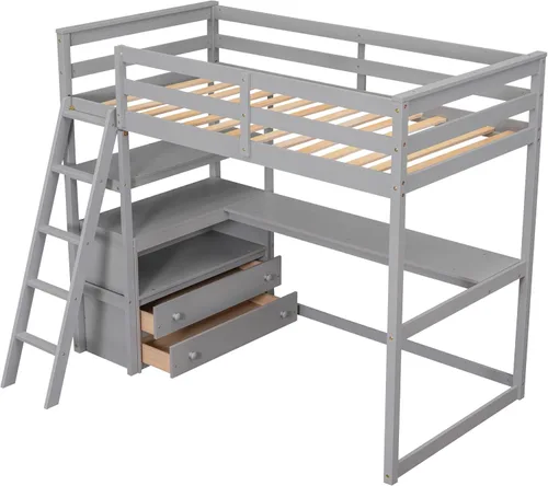 Vista 49 de Cama tipo loft de tamaño individual con estantes y escritorio, marco de cama de madera con escalera inclinada y barandilla de seguridad, adecuada