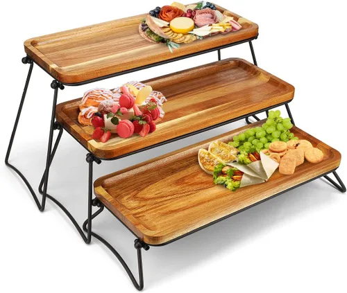 Vista 10 de Manspdier Soporte de 3 niveles para cupcakes y torres de tamaño mediano para fiestas, juego de mesa de postre de madera de acacia, decoración