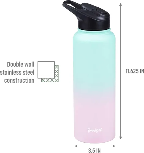 Vista 3 de Goodful Botella de agua de doble pared sellada al vacío, aislada con dos tapas intercambiables, tapas para beber o tragar, a prueba de fugas, boca