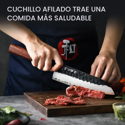 Vista 6 de HEZHEN Juego de cuchillos de cocina 4 piezas, cuchillo de chef de acero revestido Nakiri forjado Santoku, mango octogonal de madera