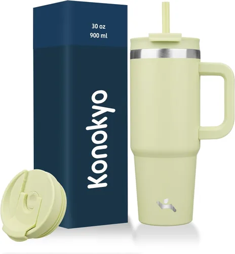 Vista 34 de Konokyo Vaso de 30 onzas con asa y 2 popotes, botella de agua aislada con tapa 2 en 1, taza de café de viaje de acero inoxidable, verde militar