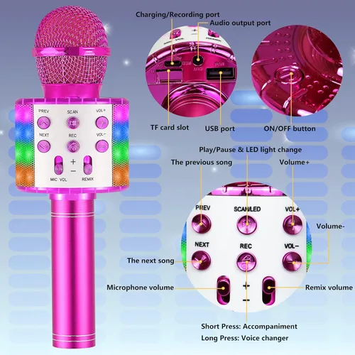 Vista 6 de Micrófono de karaoke para niños, inalámbrico Bluetooth portátil de mano, micrófono de karaoke para cantar, con luces LED, regalo para niñas, niños