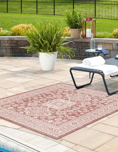 Vista 186 de Unique Loom Outdoor Aztec Collection Alfombra de área - Chalca (10 pies, redonda, azul/marfil)