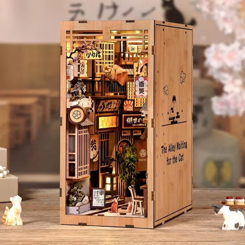 Vista 3 de Kit de rincón de libros, kit de casa en miniatura para adultos y adolescentes, decoración de estantería de callejón japonés con LED, rompecabezas
