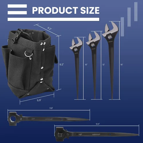 Vista 2 de Lichamp Juego de 6 llaves dentadas ajustables de 10 a 16 pulgadas, trinquete de doble cabeza, llave de andamio, bolsas de pernos de trabajo de hierro