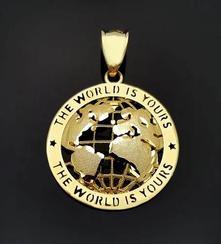 Vista 2 de Colgante de globo de oro para hombre, con mapa del mundo, oro amarillo de 10 quilates, 1.5 pulgadas, Oro