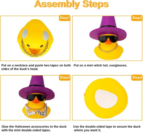 Vista 4 de JJ010A5 - Adornos de pato de goma para automóvil, decoraciones de tablero de automóvil con mini sombrero de bruja, capa, lentes de sol, collar