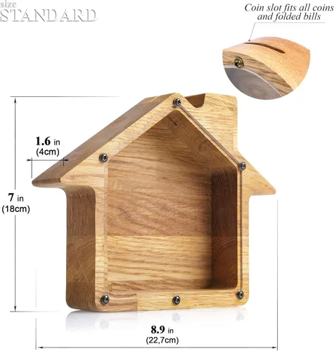 Vista 4 de Banco de monedas personalizado Regalo de la nueva casa Marco de caja de dinero de madera Hucha para niños y niñas Tarro de punta de madera Hucha