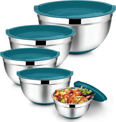 Vista 13 de TeamFar Tazones para mezclar con juego de tapas, 7/3.5/2.5/1.5/1 cuartos de galón, tazón grande de acero inoxidable para ensalada anidable, parte