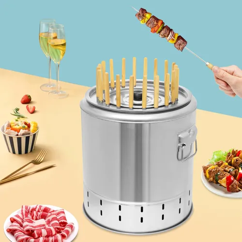 Vista 9 de Parrilla vertical portátil para ahumar carbón, parrilla de barril, 13.39 x 14.17 pulgadas, de acero inoxidable, envolvente, carbón Kebab, parrillas