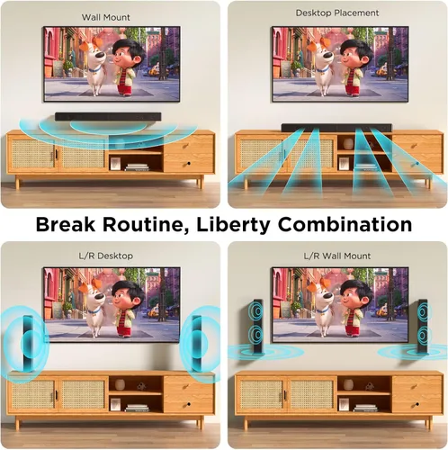 Vista 6 de Barra de sonido de 2.0 canales de 100 W para Smart TV, altavoz Bluetooth 5.3 desmontable 2 en 1 con 3 modos de ecualización y graves ajustables