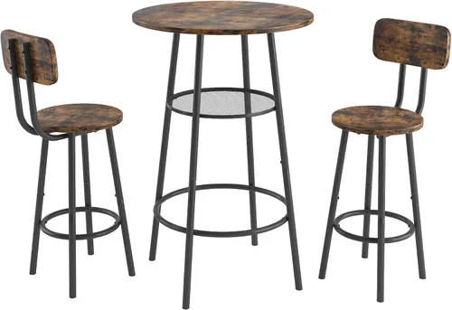 Vista 4 de Juego de sillas de mesa de bistró de 3 piezas para 2, mesa redonda de madera pequeña y taburetes de 24 pulgadas con respaldo, mesa de altura