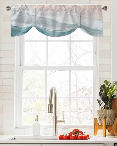 Vista 4 de Cortinas de verano con cenefa de amarre para ventanas, cortinas costeras de cocina costeras para ventanas, cortinas náuticas junto al mar, beige
