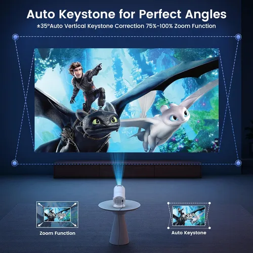 Vista 6 de Mini proyector con WiFi y Bluetooth, aplicaciones integradas, proyector portátil giratorio de 210°, proyector de película de soporte de 1080P