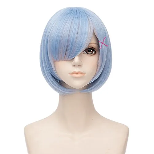 LABEAUTÉ Peluca corta azul mixta blanca para cosplay, niña, mujer, lindas pelucas de anime Bob con flequillo para Halloween + gorra gratis