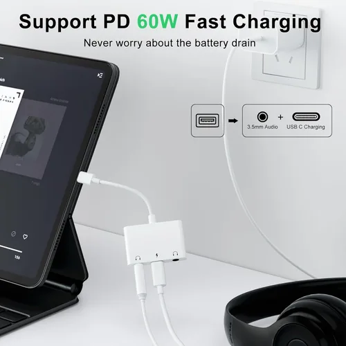 Vista 3 de INVERSE NET Adaptador de Auriculares para iPad, Divisor de Auriculares para 2 Auriculares, Adaptador de Audio USB C a Jack de 3,5mm 3 en 1 con Carga