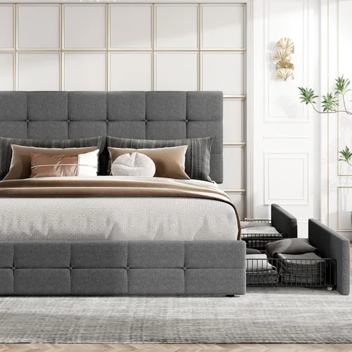 Vista 47 de HOOMIC Base de cama de almacenamiento de plataforma de tamaño matrimonial con 4 cajones y cabecera ajustable, listones de madera, no necesita