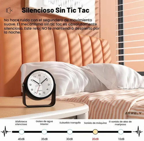 Vista 6 de AYRELY® Reloj despertador analógico pequeño de 3.5 pulgadas, funciona con pilas, bonito reloj de mesa con luz, ángulo ajustable para viajes, mesita