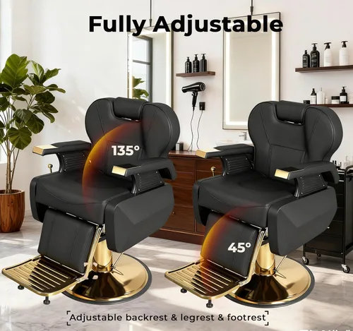 Vista 4 de Silla de peluquero profesional, silla hidráulica reclinable con diseño de cuero de doble puntada, silla giratoria de 360° ajustable