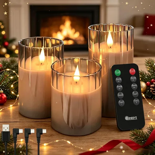LEDHOLYT Vela Recargable Sin Llama, Vela de Pilar LED Intermitente de Cera Real con Control Remoto y Temporizador, Velas Electrónicas de Vidrio con