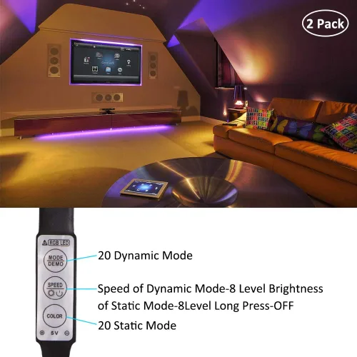 Vista 3 de Tira de luces LED RGB que funcionan con pilas, 3 teclas, controlador de 13.2 pies, cambio de color, luz flexible para PC, TV, espejo, cocina