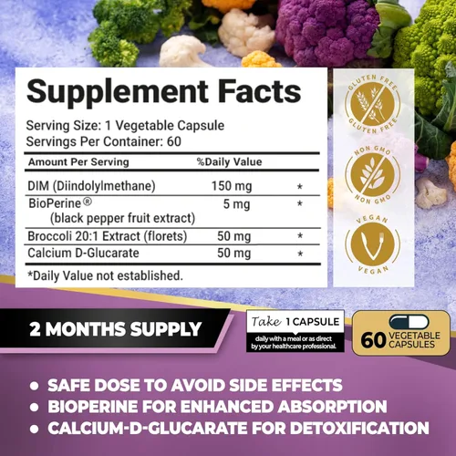 Vista 3 de Suplemento DIM con extracto de brócoli y bioperina, apoyo natural para el equilibrio hormonal para mujeres y hombres, equilibrio de estrógenos