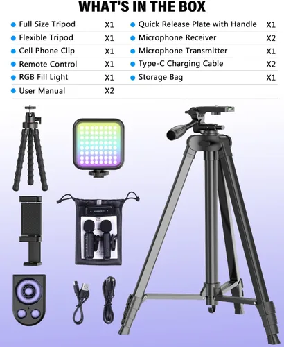 Vista 7 de Kit de inicio de YouTube para iPhone/Android, kit de inicio de YouTube con micrófono inalámbrico/trípode de cámara/trípode flexible/luz de relleno