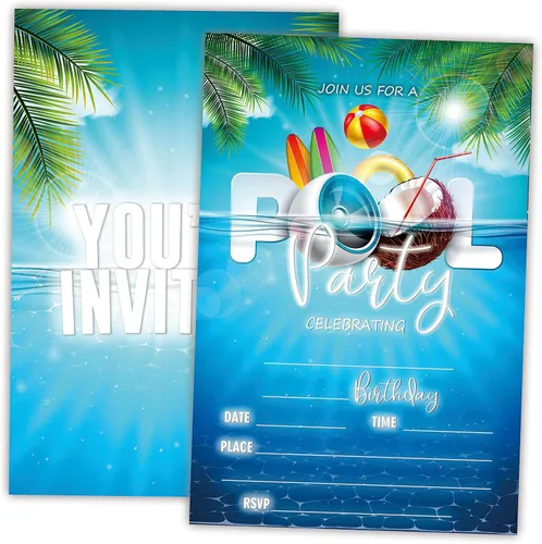 Vista 12 de AWSICE Invitaciones de cumpleaños para fiesta en la piscina, tarjetas de invitación de relleno de doble cara Aloha Tropical, 20 invitaciones