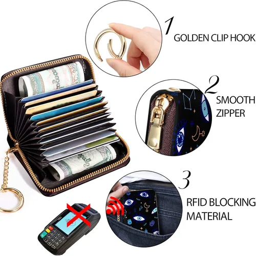 Vista 5 de Tarjetero RFID para tarjetas de crédito, cartera pequeña para mujer con llavero con cremallera, divertido estampado de cuero para tarjetas
