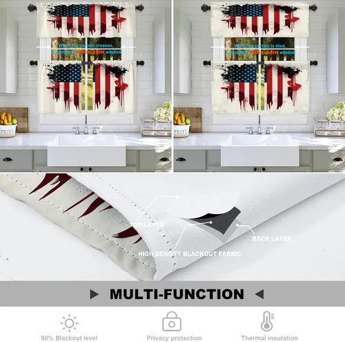 Vista 4 de Batmerry American Flag Ink Dot Tier Curtains, Red Blue White Stars Abstract Window Treatment Short Kitchen Curtain Multilayer Polyester Blackout for