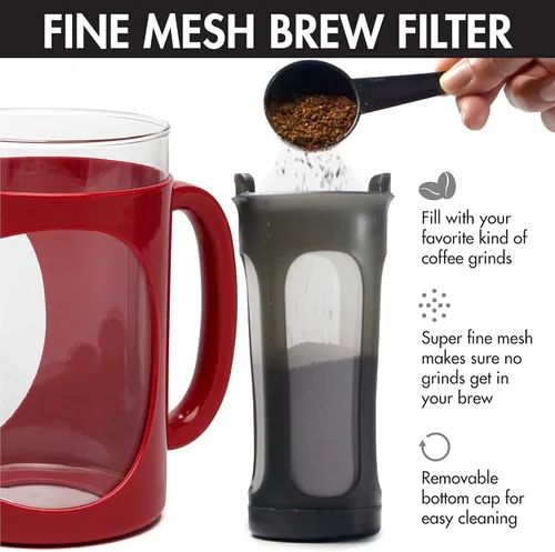 Vista 5 de Primula Burke Deluxe Cafetera para café helado, con mango de agarre cómodo, jarra de vidrio duradera, filtro de malla extraíble, tamaño perfecto Rojo
