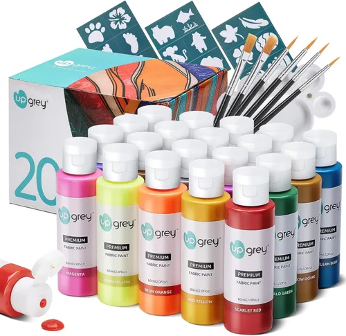 Juego de pintura de tela para ropa, 20 colores (2.0 fl oz/2 oz cada uno) pintura textil permanente con 6 pinceles, 1 paleta, pintura de tela