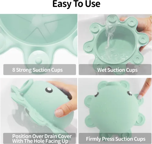 Vista 3 de Cubierta de desbordamiento de drenaje de pulpo verde acuático + tapón de drenaje de bañera Seastar azul, de silicona