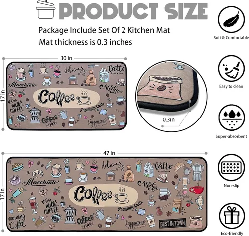 Vista 3 de Voanos Alfombras de Cocina de Café, Alfombrillas de Microfibra Lavables Antideslizantes para Piso de Cocina, Juego Decorativo de Alfombra Acolchada
