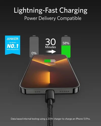 Vista 2 de Anker Nuevo Cable de Nylon USB C a Lightning, Certificado MFi de Apple para iPhone Serie 14, y Más (1 pie, Negro)