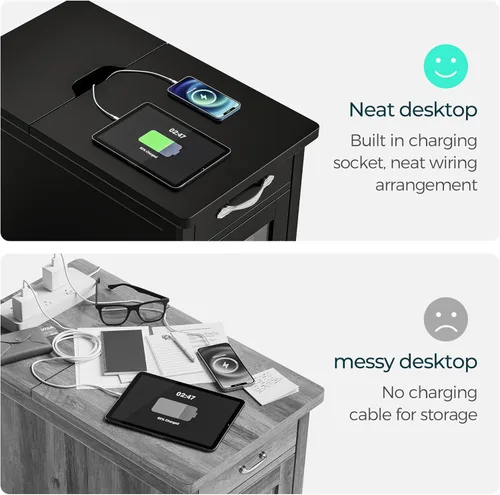 Vista 4 de LINSY HOME - Mesa auxiliar con estación de carga, mesa lateral para dormitorio con cajón y soporte desmontable, estante de almacenamiento con puerta