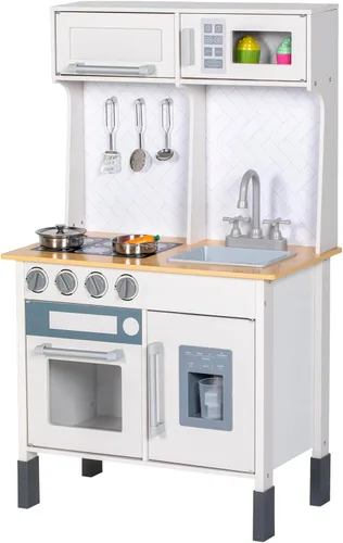 BRINJOY Juego de cocina para niños, cocina de madera para niños con grifo, fregadero, estufa, horno, utensilios de cocina, gabinetes de Blanco