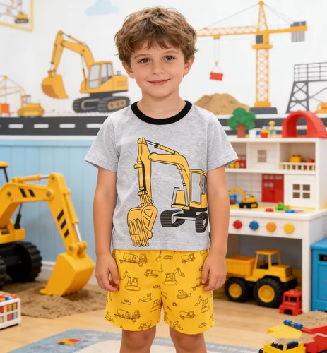 Vista 2 de Pijamas para niños, 100% algodón, 2 piezas, manga corta, conjunto de ropa de dormir de verano para niños, 3t-10t 01 Gris/Estampado De Excavadora