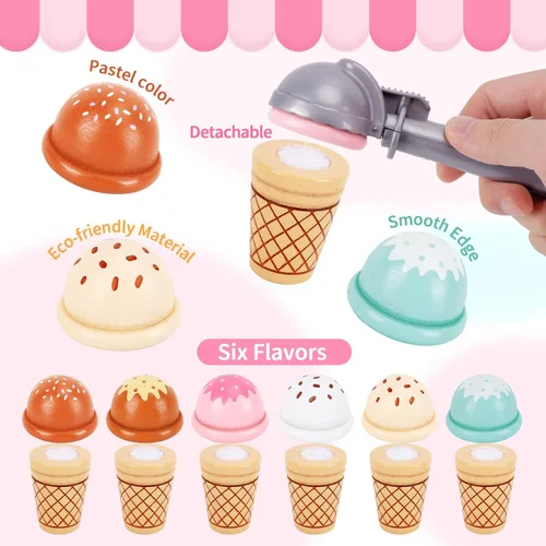 Vista 3 de Juguetes de helado de madera para niños pequeños de 3 a 5 años, juguetes de madera para niños Accesorios de cocina de juego, juegos de comida
