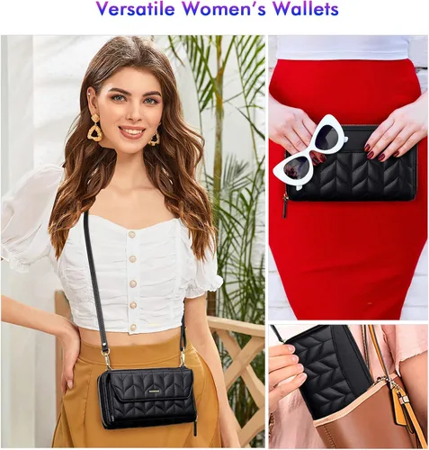 Vista 2 de nuoku Cartera RFID para mujer, bolso cruzado con cremallera alrededor de 2 correas