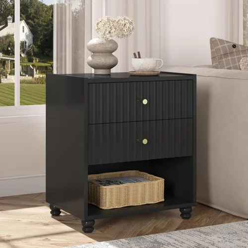 Moderna mesita de noche, mesa auxiliar acanalada con 2 cajones, mesita de noche con estante abierto para dormitorio (1, negro)