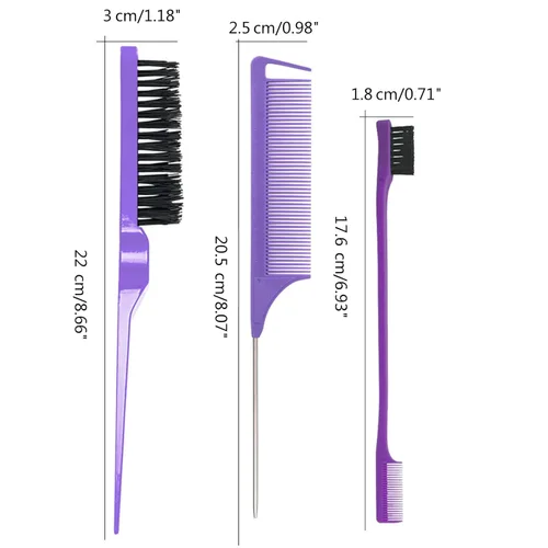 Vista 4 de Juego de 3 piezas de peine de peinado para el cabello, cepillo de cola, peine de cola, cepillo de borde para el borde de la espalda, peinado, corte