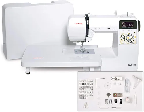 Janome JW8100 Máquina de coser computarizada completamente equipada con 100 puntadas, 7 ojales, tapa dura, mesa de extensión y 22 accesorios