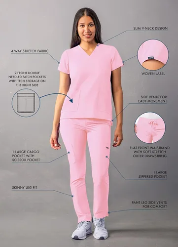 Vista 3 de Adar - Uniforme tipo filipina, con camisa de cuello en V y pantalones con bolsillos tipo cargo, para mujer