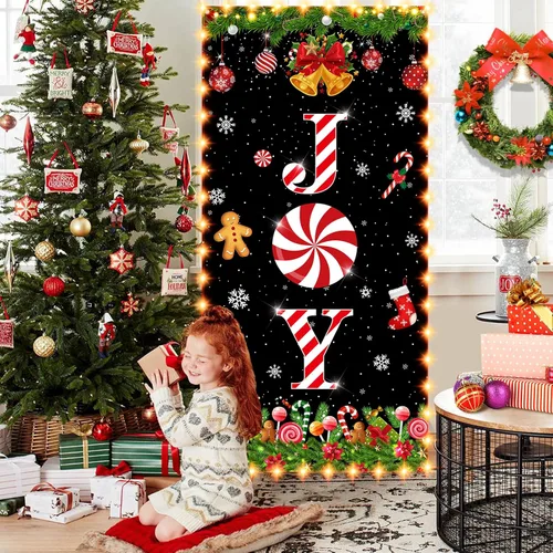 Vista 5 de JOY - Cubierta de puerta de Navidad con luces LED, decoración de puerta de caramelo de menta de Navidad para puerta delantera, piruleta, copo