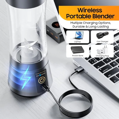 Vista 3 de Licuadora portátil, licuadora personal inalámbrica con USB recargable y 6 cuchillas, mini exprimidor compacto potente mezcla para batidos, frutas